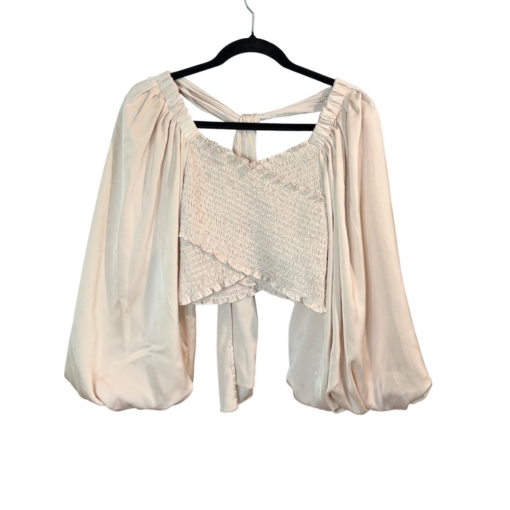 Mustard Seed Champagne Smocked Balloon Sleeve Tie Back Crop Top Small